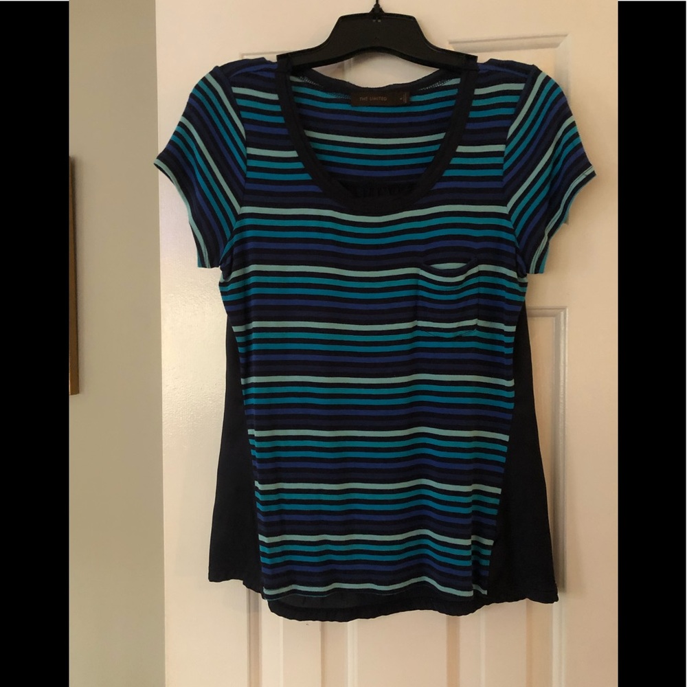 The limited cobalt blue and teal stripped T-shirt blouse. Back material is silky